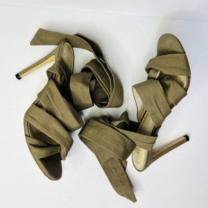 RAYE Revolve Gray Taupe Open Toe Fabric Ankle Wrap Stiletto Heels Sandals - Sz 8